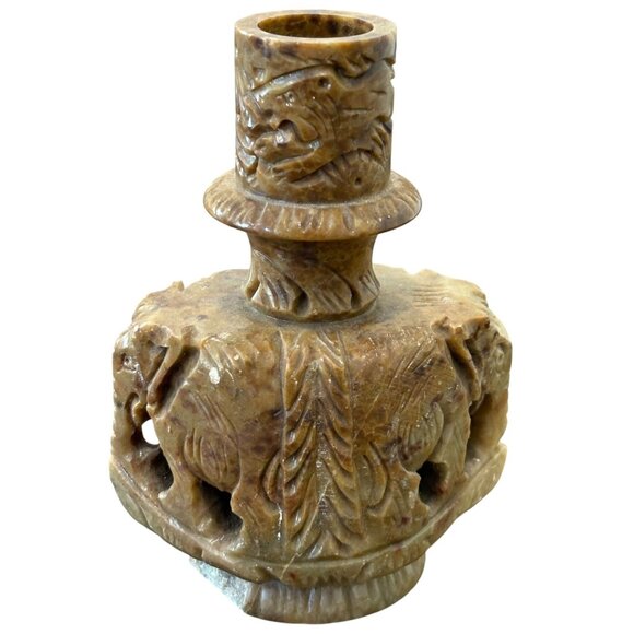 Vintage Chinese Hand-Carved Soapstone Vase With Elephant & Dragon Motif - Picture 1 of 4